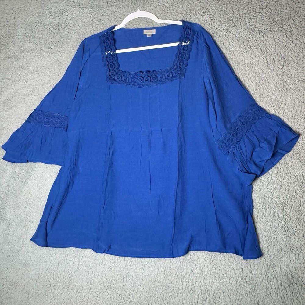 Avenue Top Womens Plus Size 18/20‎ Blue Pleaded Lace Hem Trim 3/4 Sleeve New